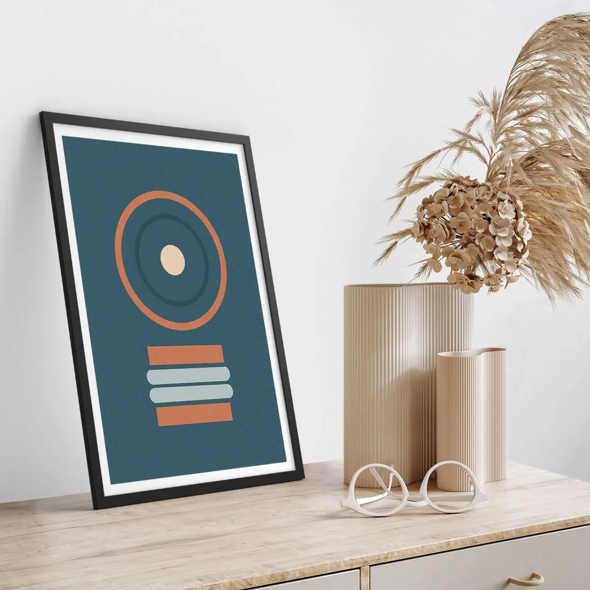 Poster in black frame - Geometric pattern with circles and rectangles in shades of blue and brown - 50x70cm - The Matter of Things - Modern wall decoration for the living room and bedroom ARTTOR