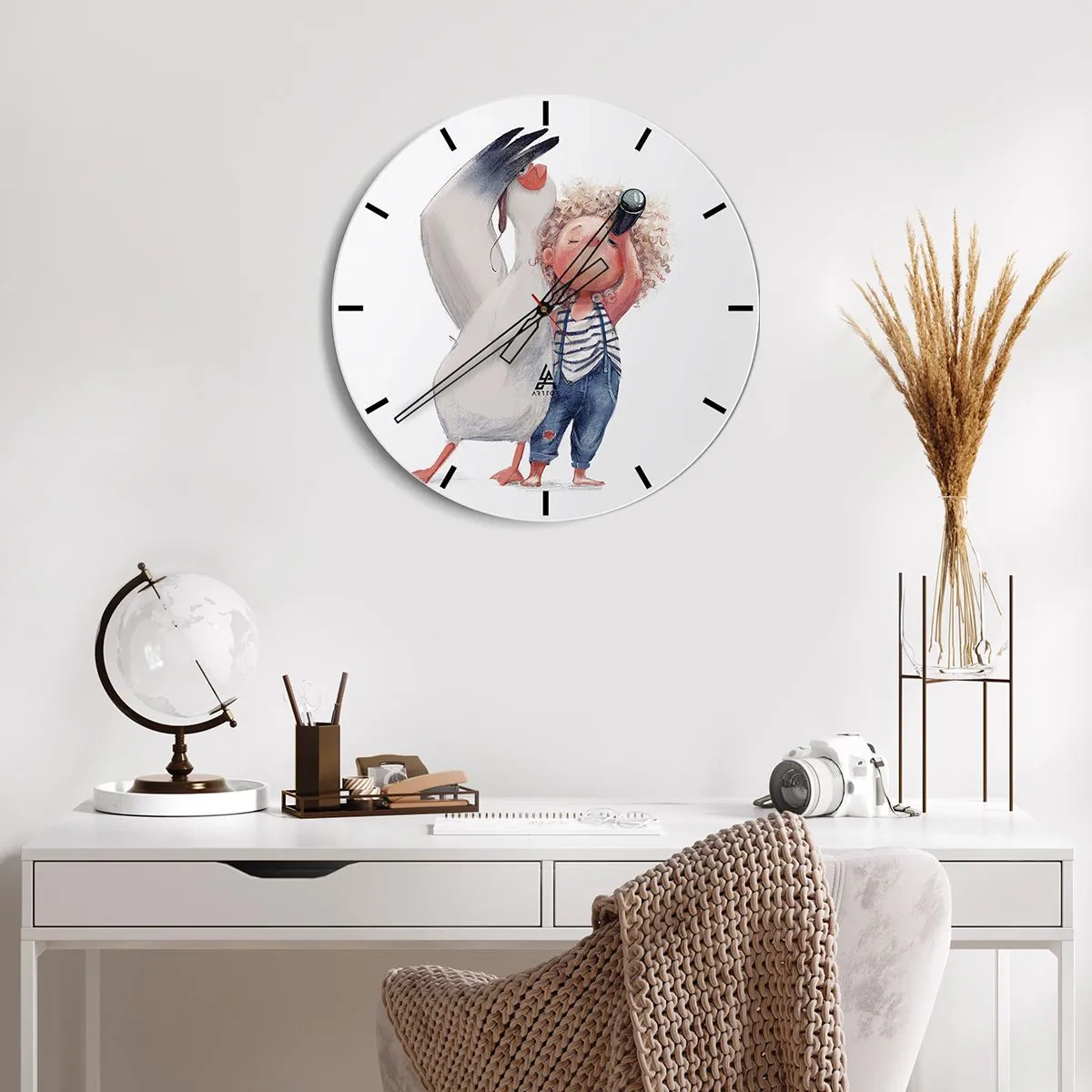 Wall clock - Clock on glass - A child with binoculars and a large bird on a white background - 30x30cm - Plan of a Great Journey - Modern wall decoration for the living room, kitchen, and bedroom ARTTOR