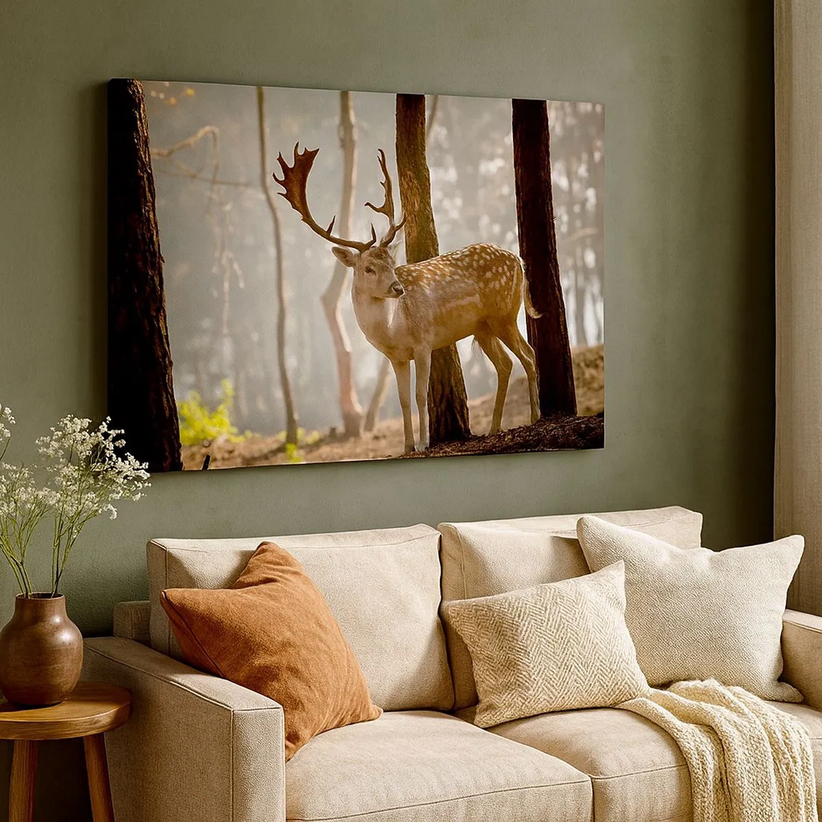Canvas picture - Deer in the forest in the morning fog - 70x50cm - Light of Youth - Modern wall decoration for the living room and bedroom ARTTOR