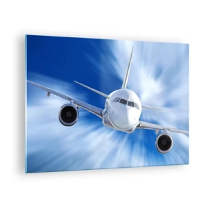 Glass picture - A passenger plane against a dynamic blue sky - 70x50cm - Faster than the Wind in the Sky - Modern wall decoration for the living room and bedroom ARTTOR