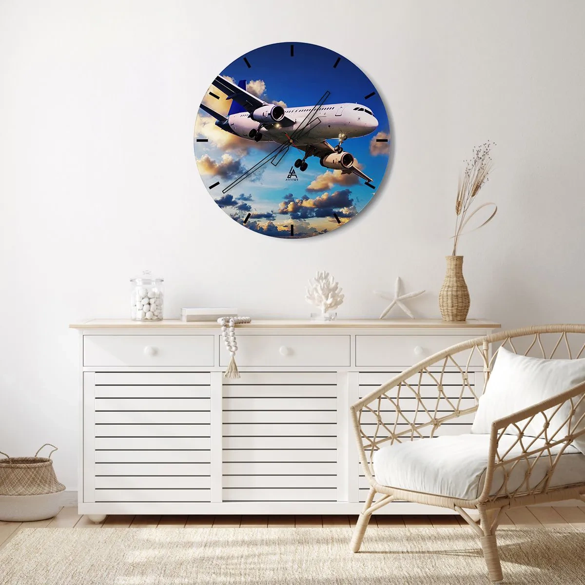 Wall clock - Clock on glass - Journey in White and Blue - 30x30 cm