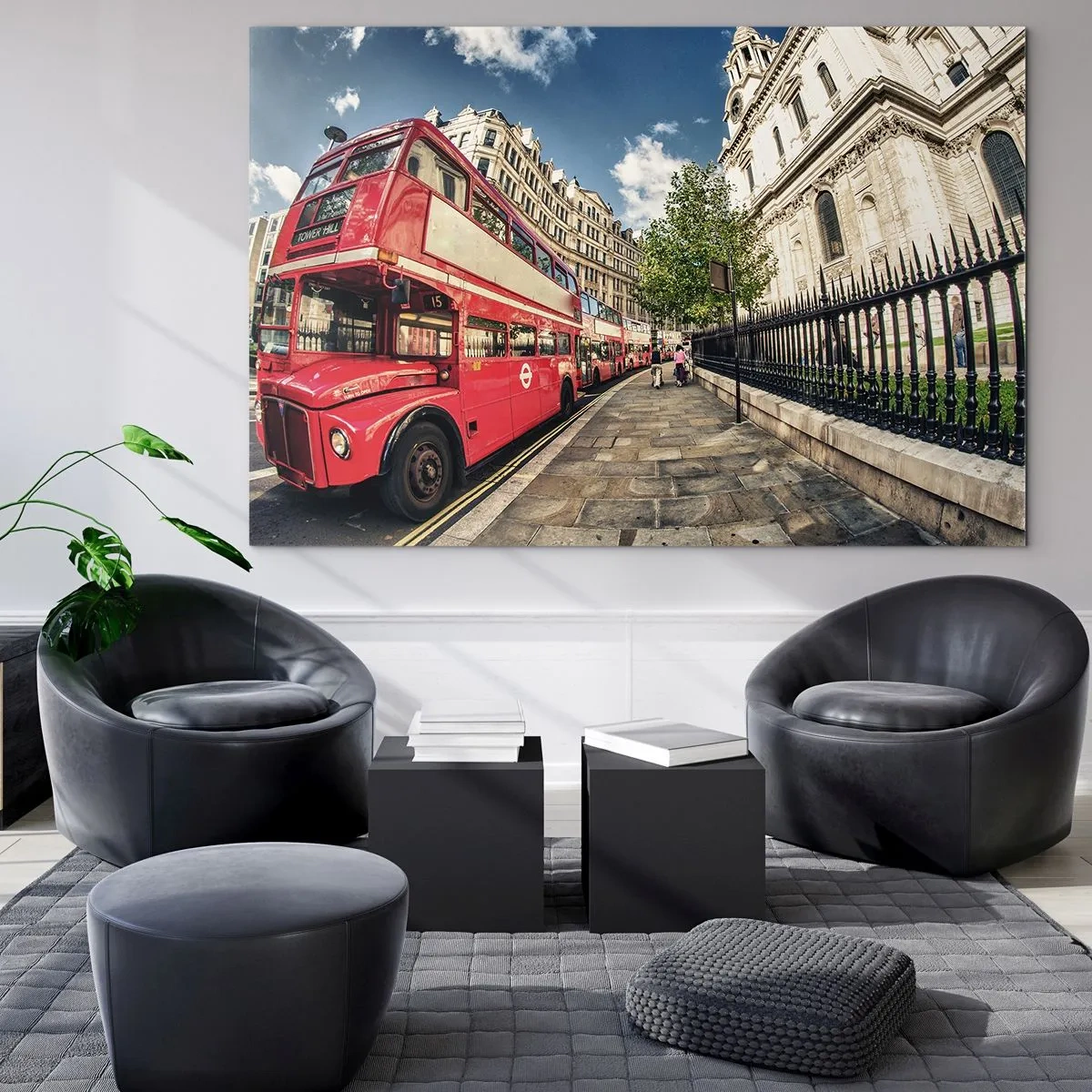 Glass picture - A red double-decker bus in an urban setting - 70x50cm - London Street in Grey and Red - Modern wall decoration for the living room and bedroom ARTTOR