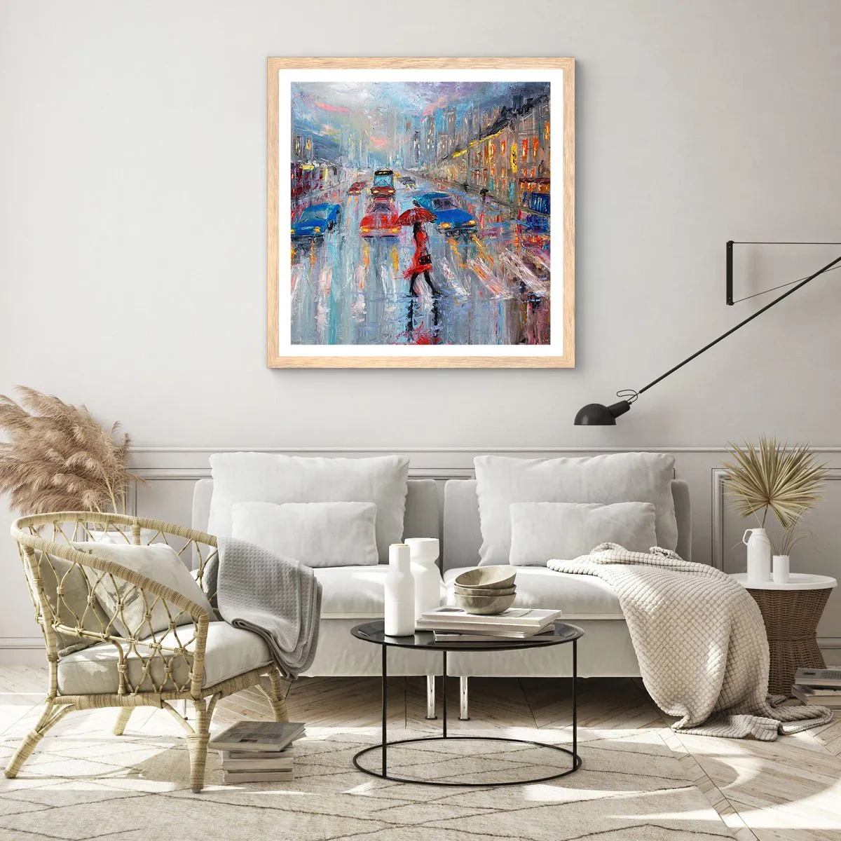 Poster in light oak frame - Rainy Afternoon in a City - 30x30 cm