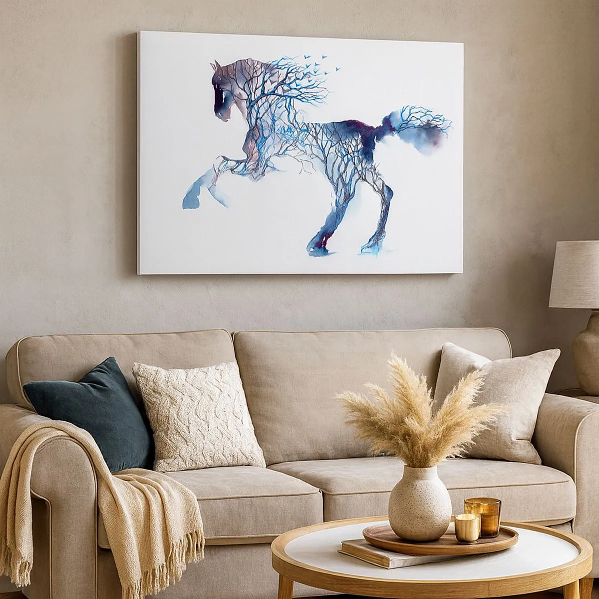 Canvas picture - Artistic horse graphic with tree and bird motifs - 70x50cm - As If Forest Moved - Modern wall decoration for the living room and bedroom ARTTOR