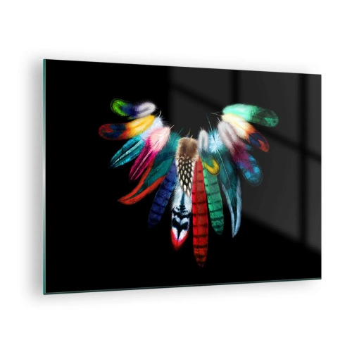 Glass picture - Colorful feathers arranged in wings on a black background - 70x50cm - Indian Necklace - Modern wall decoration for the living room and bedroom ARTTOR