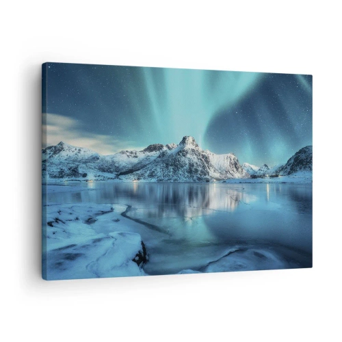 Canvas picture - Aurora Borealis over snow-capped mountains and a lake - 70x50cm - The Night of Light - Modern wall decoration for the living room and bedroom ARTTOR