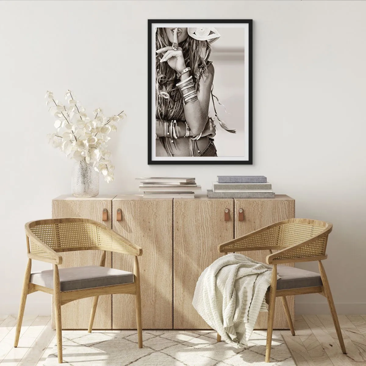 Poster in black frame - Stylish woman in jewelry making a gesture of silence - 50x70cm - Like a Girl - Modern wall decoration for the living room and bedroom ARTTOR