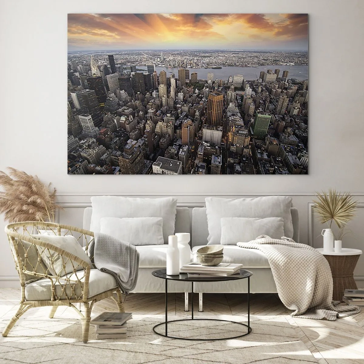 Glass picture - City panorama with a view of skyscrapers at sunset - 70x50cm - Beating Heart of Our Times - Modern wall decoration for the living room and bedroom ARTTOR