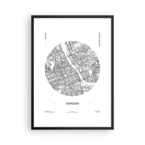 Poster in black frame - Minimalist map of Warsaw in a circle - 50x70cm - Anatomy of Warsaw - Modern wall decoration for the living room and bedroom ARTTOR