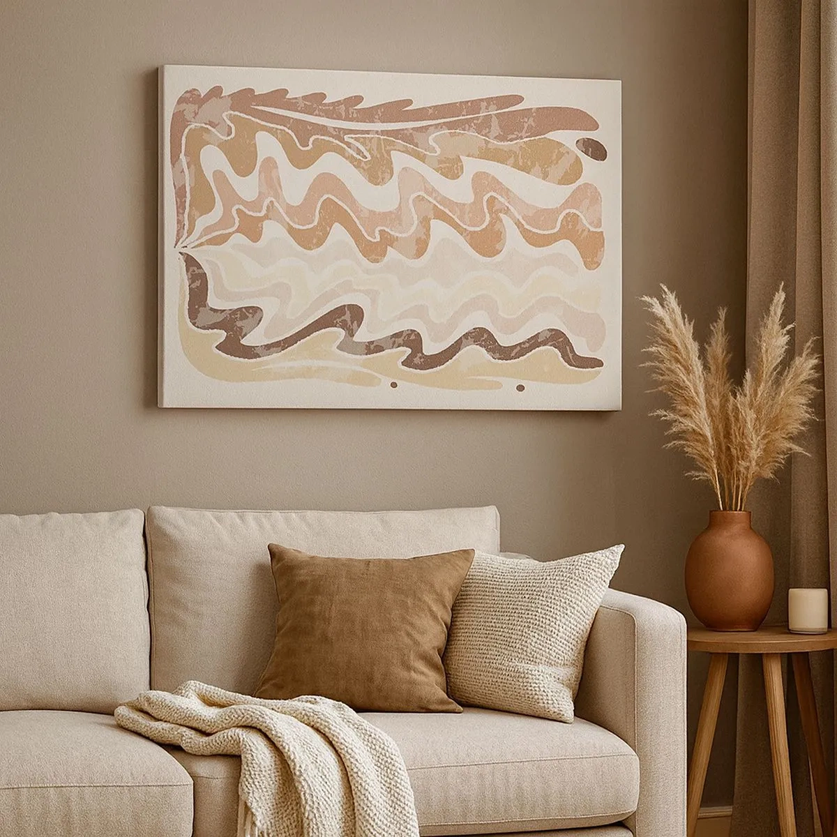 Canvas picture - Wavy abstract lines in beige shades - 70x50cm - Good Energy - Good Emotions - Modern wall decoration for the living room and bedroom ARTTOR