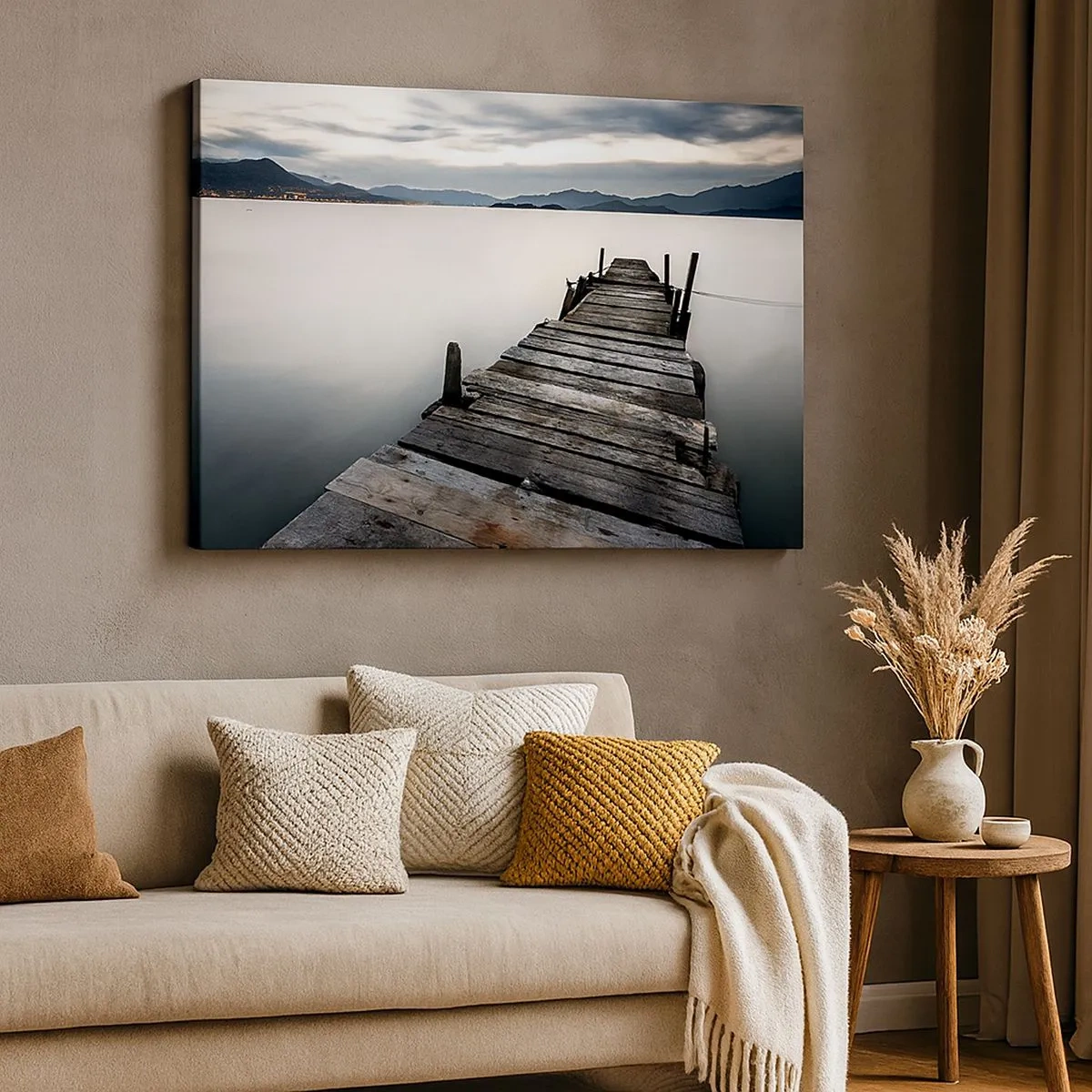 Canvas picture - A wooden bridge leading towards a tranquil lake - 70x50cm - Submerging in Tranquility - Modern wall decoration for the living room and bedroom ARTTOR