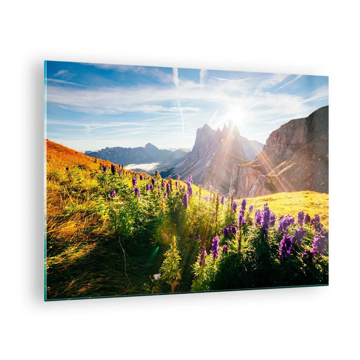 Glass picture - A mountain meadow full of flowers against a backdrop of rocky peaks at sunrise - 70x50cm - Secret Life of Herbs - Modern wall decoration for the living room and bedroom ARTTOR