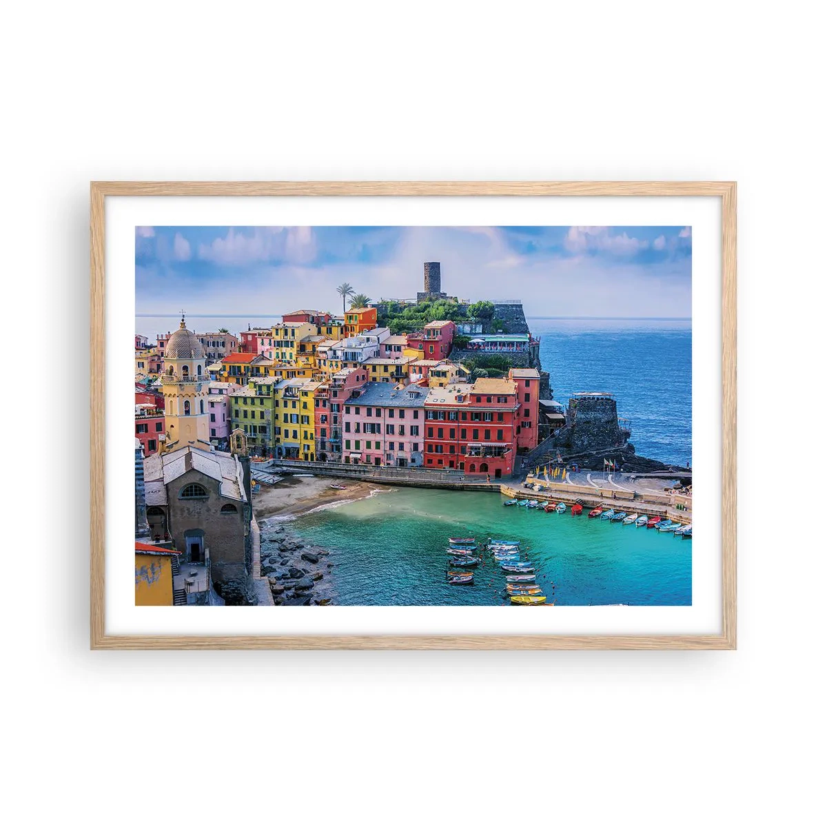 Poster in light oak frame - Magical Mediterranean Town - 70x50 cm