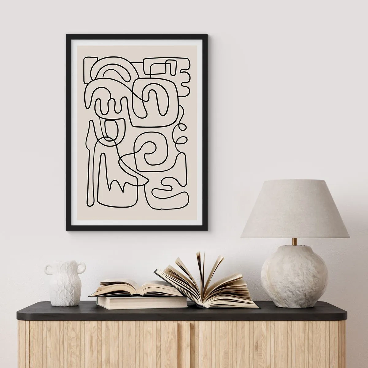 Poster in black frame - Modern abstraction in the form of a black line on a beige background - 50x70cm - Tracing - Modern wall decoration for the living room and bedroom ARTTOR
