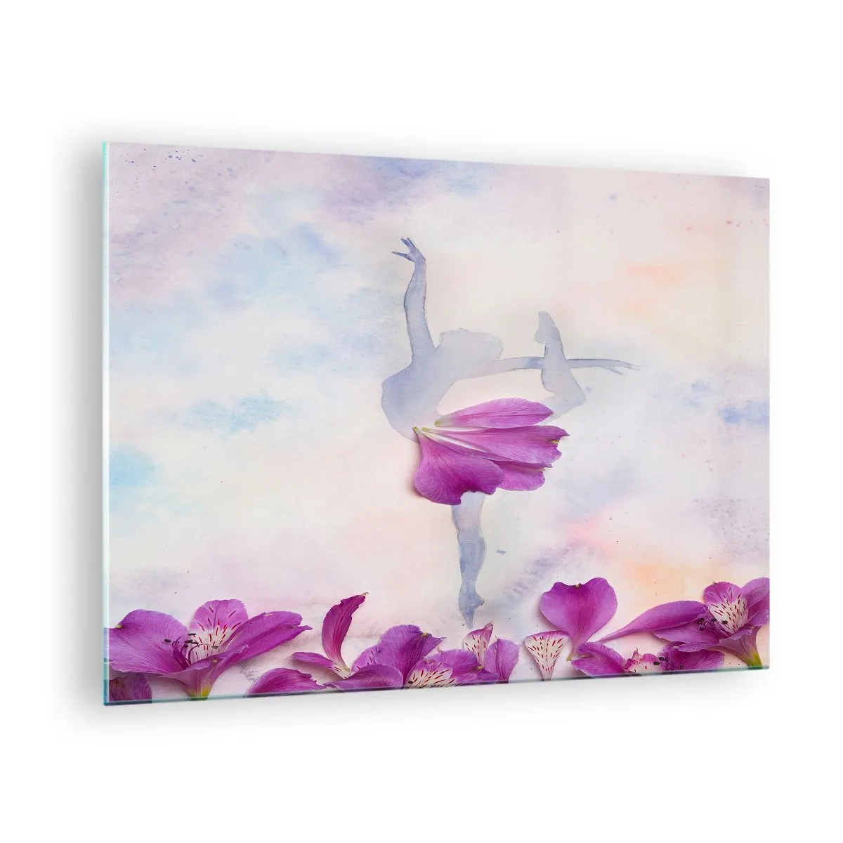 Glass picture - Silhouette of a ballerina with a flower in an artistic composition - 70x50cm - Delicate Like a Flower - Modern wall decoration for the living room and bedroom ARTTOR