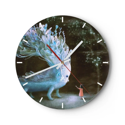 Wall clock - Clock on glass - A little girl meets a magical creature in the forest. - 30x30cm - Fantastic Encounter - Modern wall decoration for the living room, kitchen, and bedroom ARTTOR
