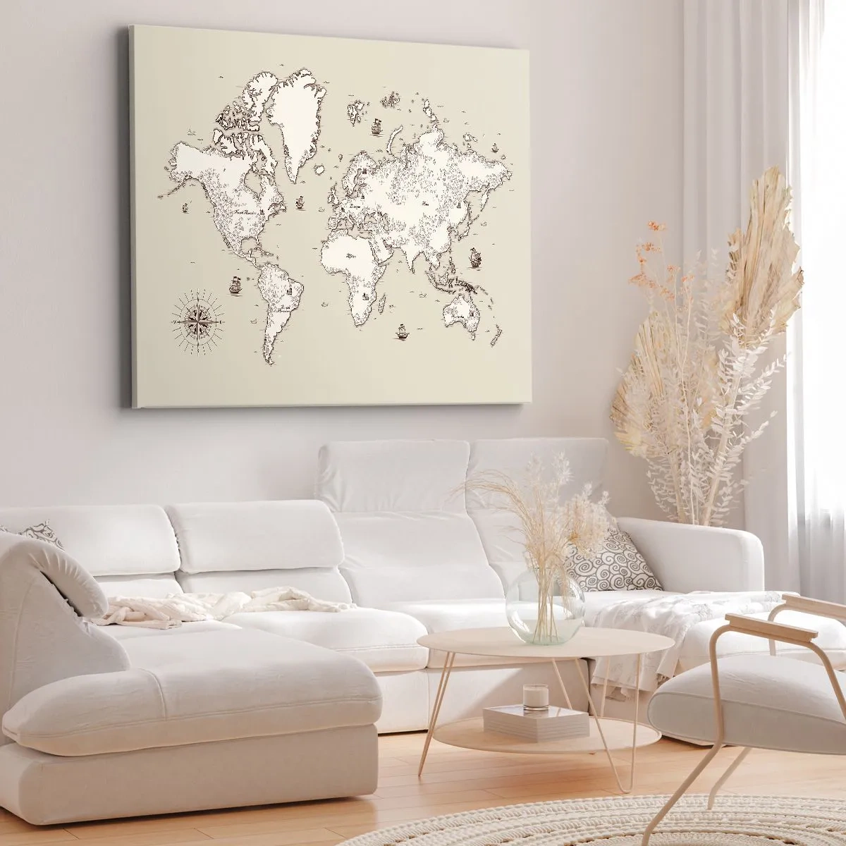 Canvas picture - A stylized map of the world in shades of beige and brown. - 70x50cm - Travel Round the World - Modern wall decoration for the living room and bedroom ARTTOR