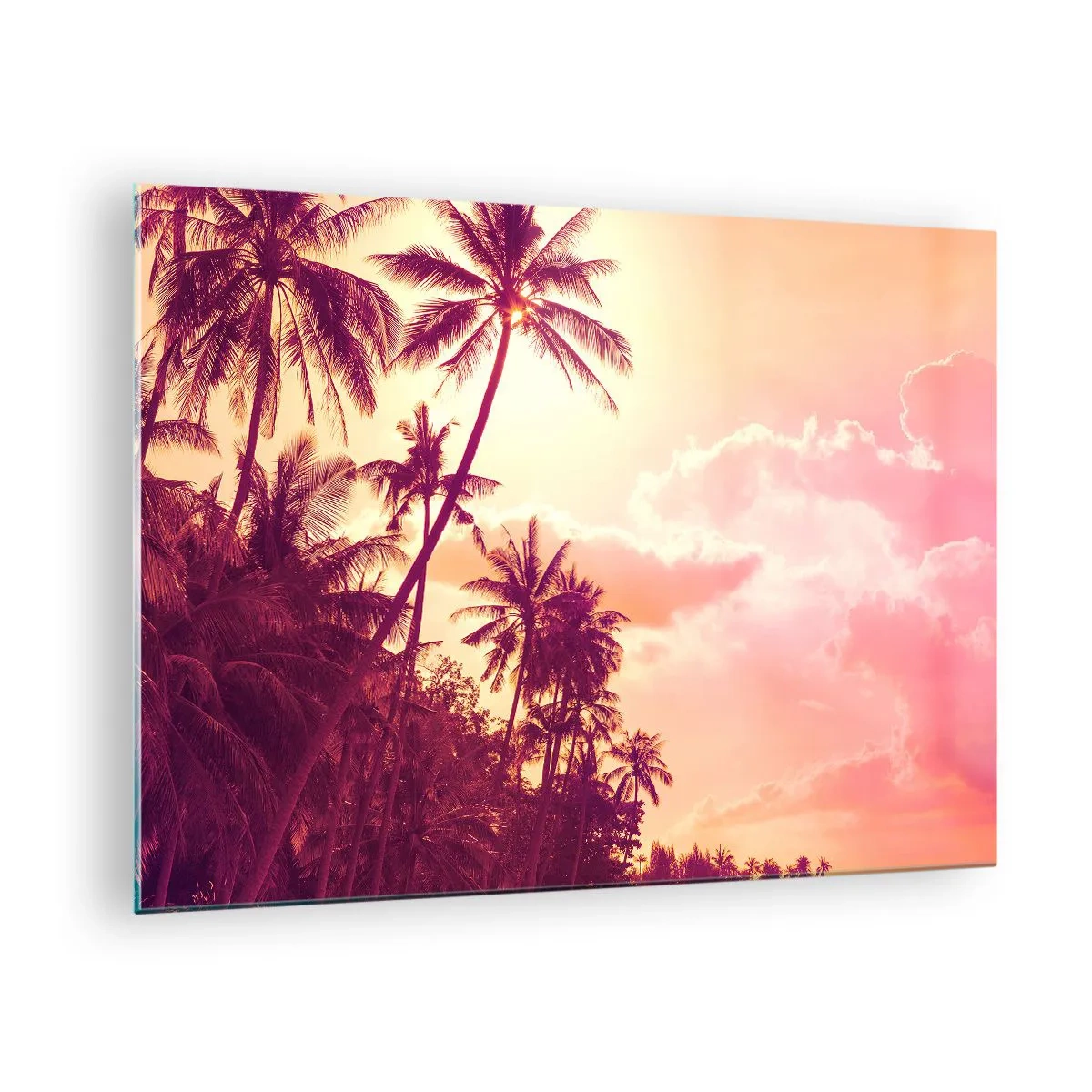 Glass picture - Tropical palm trees in the light of the setting sun against a pink sky - 70x50cm - You Have to Choose - Modern wall decoration for the living room and bedroom ARTTOR