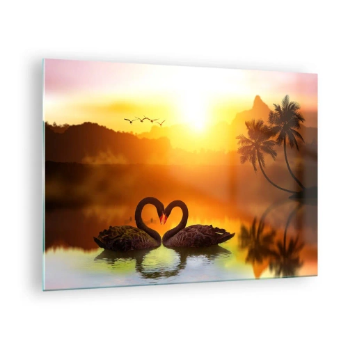Glass picture - Black swans on the lake at sunset - 70x50cm - Paired up - Modern wall decoration for the living room and bedroom ARTTOR