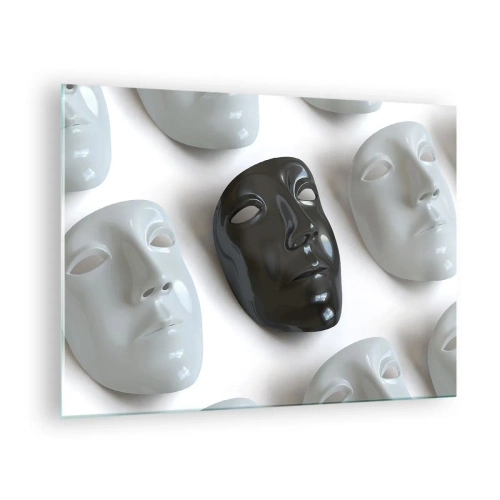 Glass picture - A black and white mask against a background of white masks on a light background - 70x50cm - How to Stand Out? - Modern wall decoration for the living room and bedroom ARTTOR