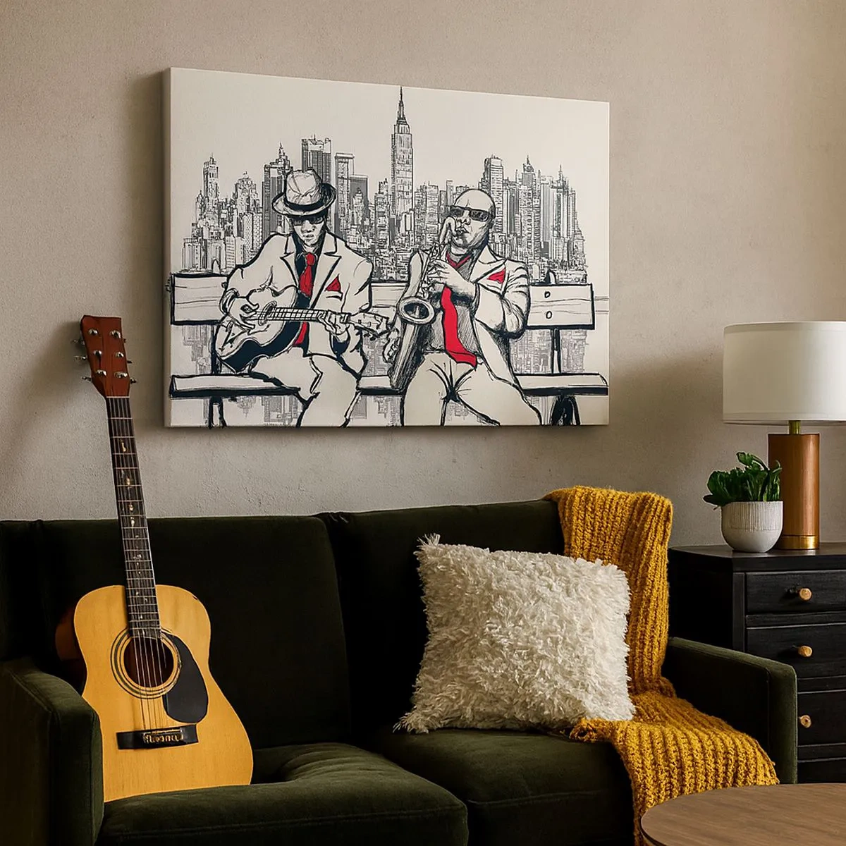 Canvas picture - A jazz duo with saxophone and guitar against the backdrop of the city - 70x50cm - New York Improvisation - Modern wall decoration for the living room and bedroom ARTTOR