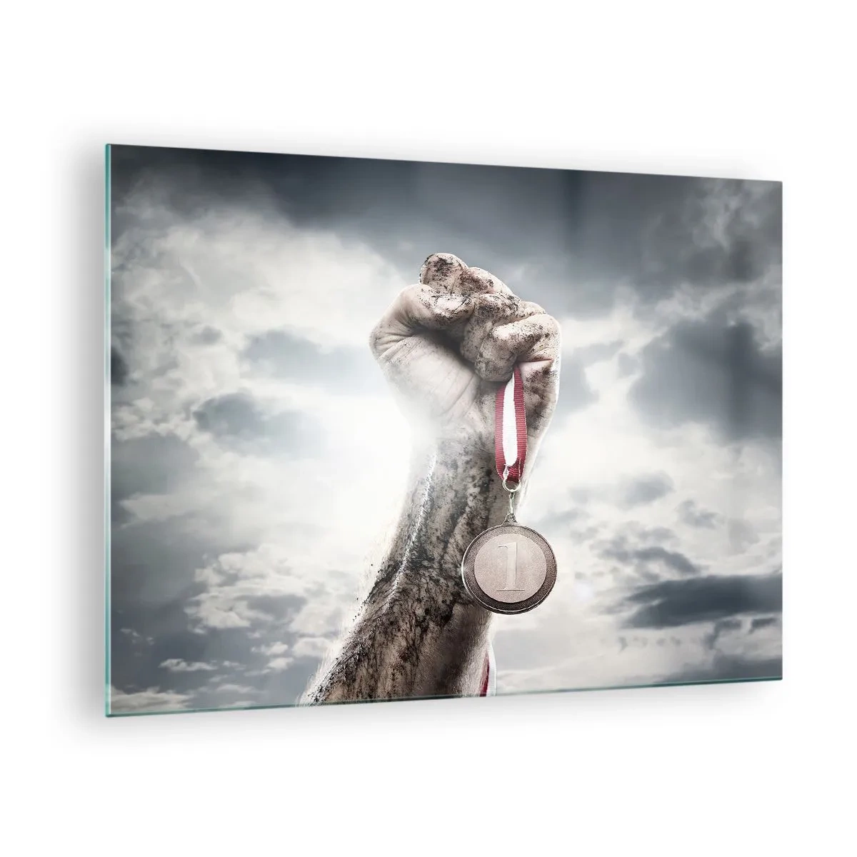 Glass picture - A hand holding a medal against a background of clouds - 70x50cm - Per Aspera Ad Astra - Modern wall decoration for the living room and bedroom ARTTOR