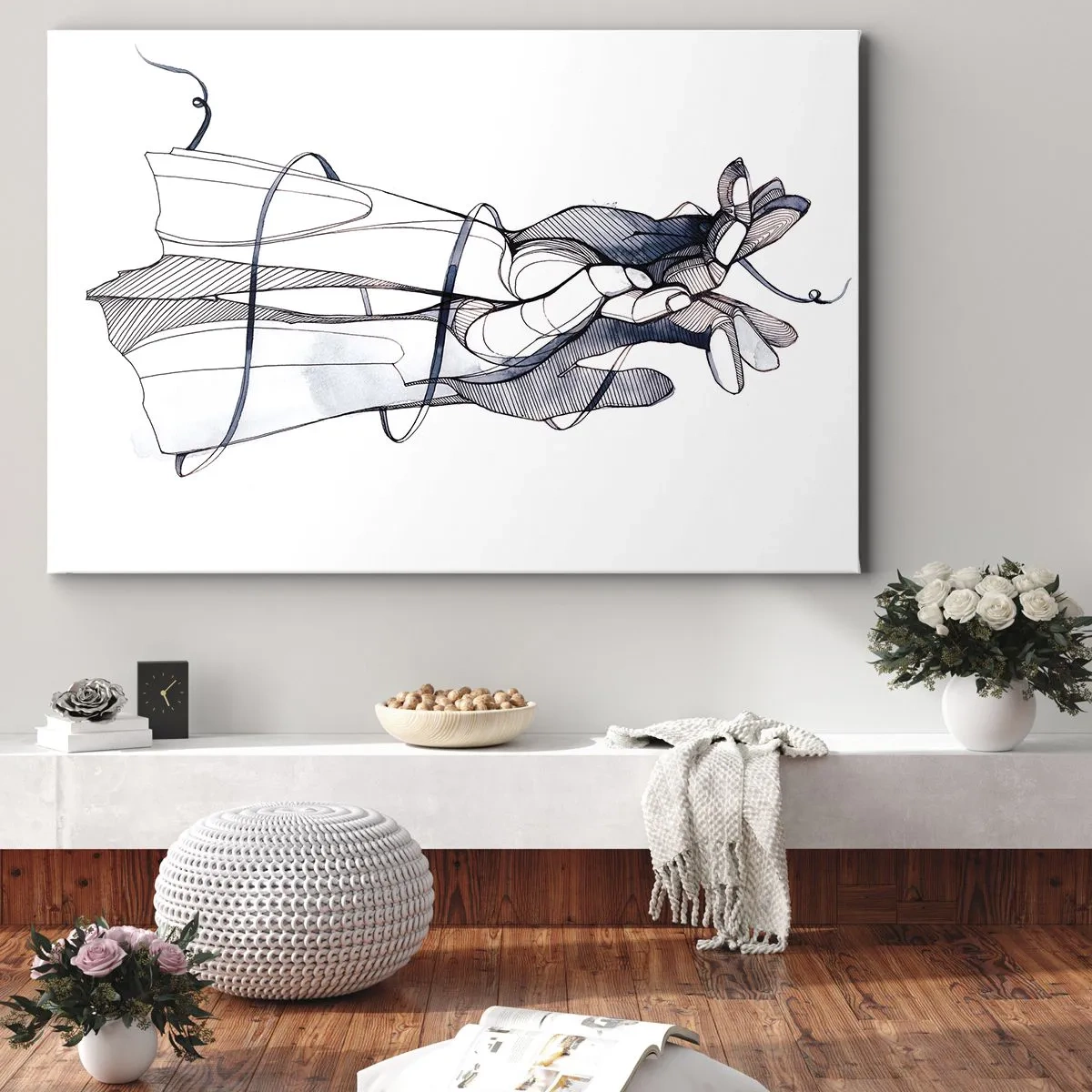 Canvas picture - A subtle drawing of a hand with a delicate flower - 70x50cm - Study of Touch - Modern wall decoration for the living room and bedroom ARTTOR