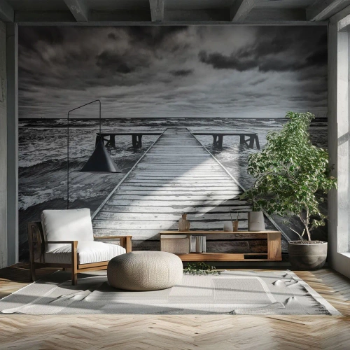 Custom Self-Adhesive Wallpaper Deluxe Sticker - Waiting for the Wind to Blow away - Landscape, Wooden Bridge, Sea