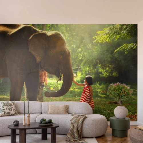 Photo Wallpaper Premium Sand - Power of Friendship - Animals, Elephant, Girl - 100x70 cm