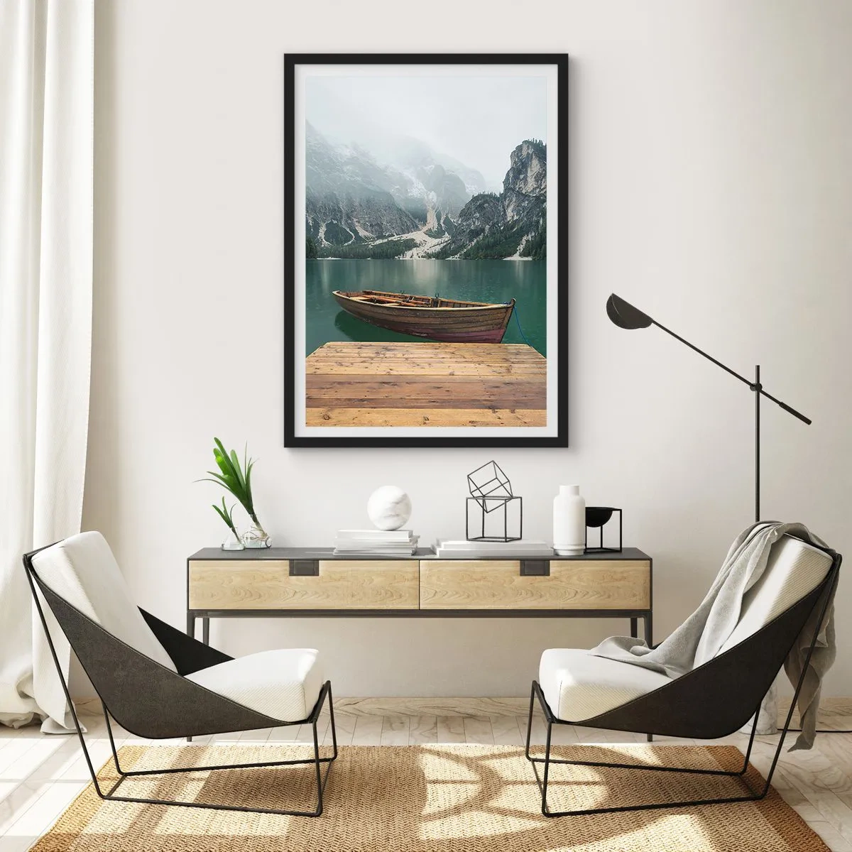 Poster in black frame - A boat at the pier with mountains and a lake in the background - 50x70cm - Boat Found Solitude - Modern wall decoration for the living room and bedroom ARTTOR