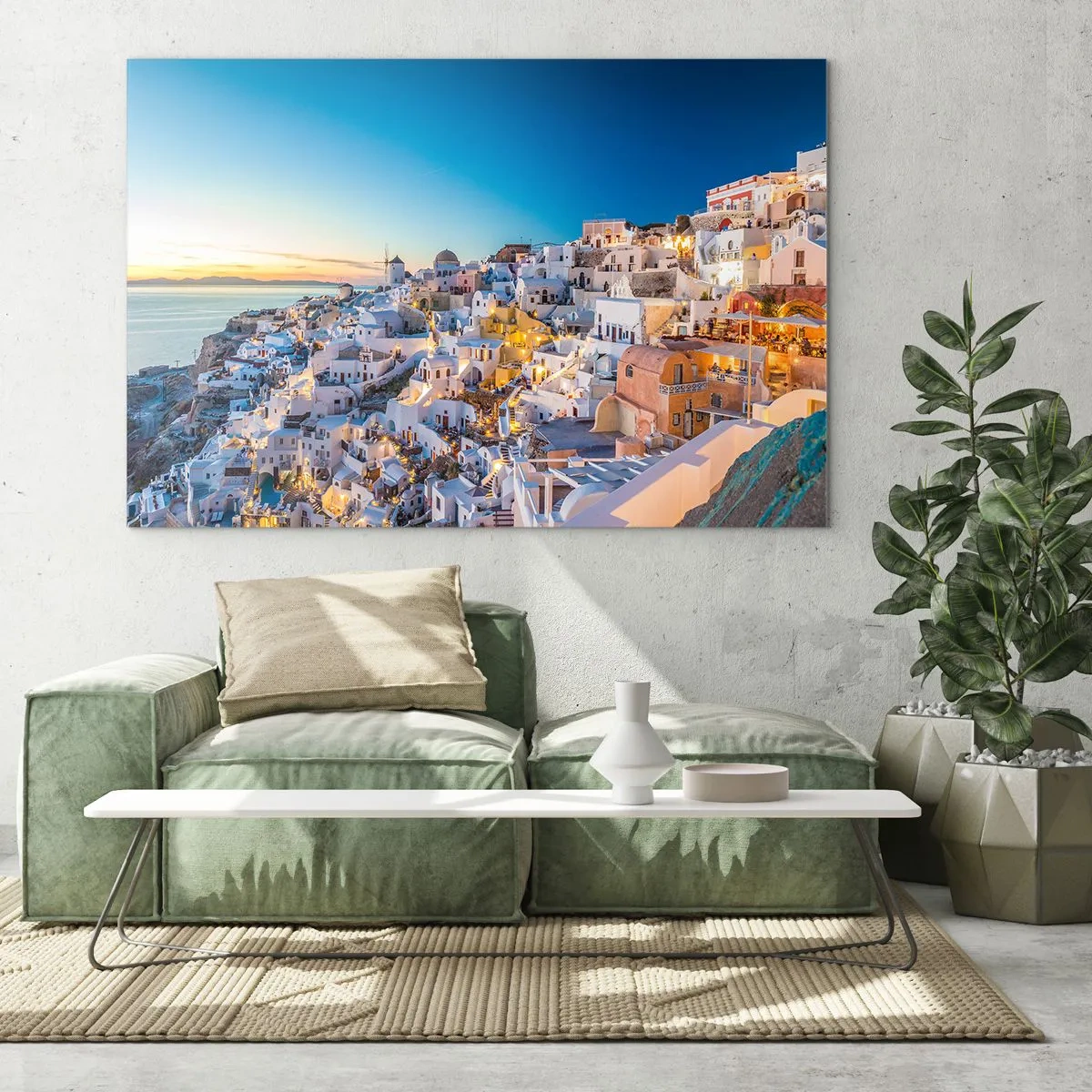 Glass picture - Panorama of Santorini at sunset - 70x50cm - Essence of Greekness - Modern wall decoration for the living room and bedroom ARTTOR