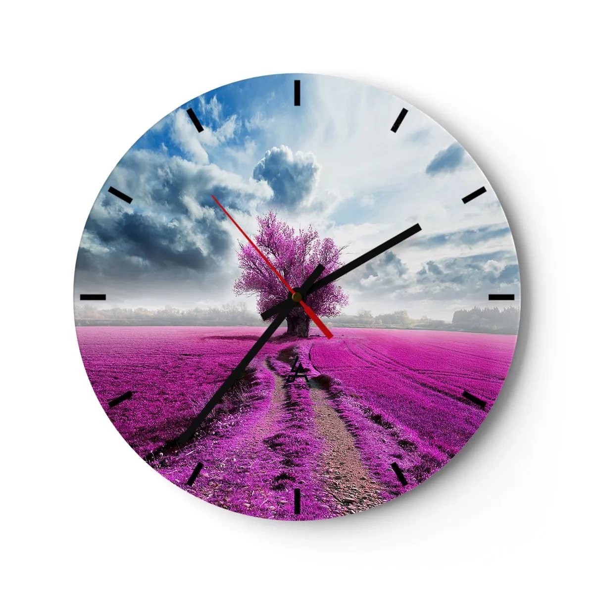 Wall clock - Clock on glass - A purple field with a lonely tree against the backdrop of clouds - 30x30cm - Heathland Charm - Modern wall decoration for the living room, kitchen, and bedroom ARTTOR
