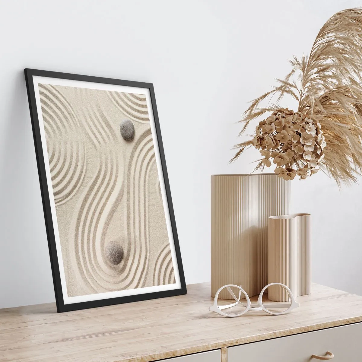 Poster in black frame - A minimalist composition of a Japanese Zen garden with stones - 50x70cm - Touch of Warmth - Modern wall decoration for the living room and bedroom ARTTOR