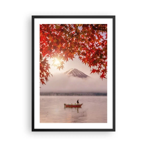 Poster in black frame - Mount Fuji with a boat on a lake and autumn leaves - 50x70cm - In Japanese Style - Modern wall decoration for the living room and bedroom ARTTOR