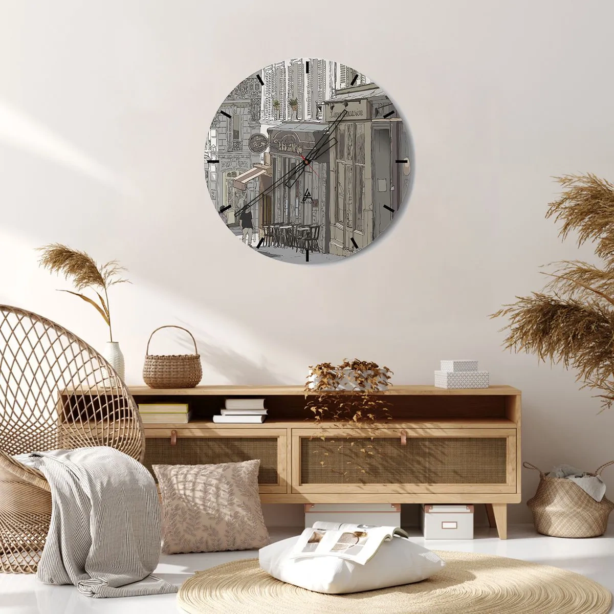 Wall clock - Clock on glass - A street with an artistic-style cafe - 30x30cm - City Joys - Modern wall decoration for the living room, kitchen, and bedroom ARTTOR