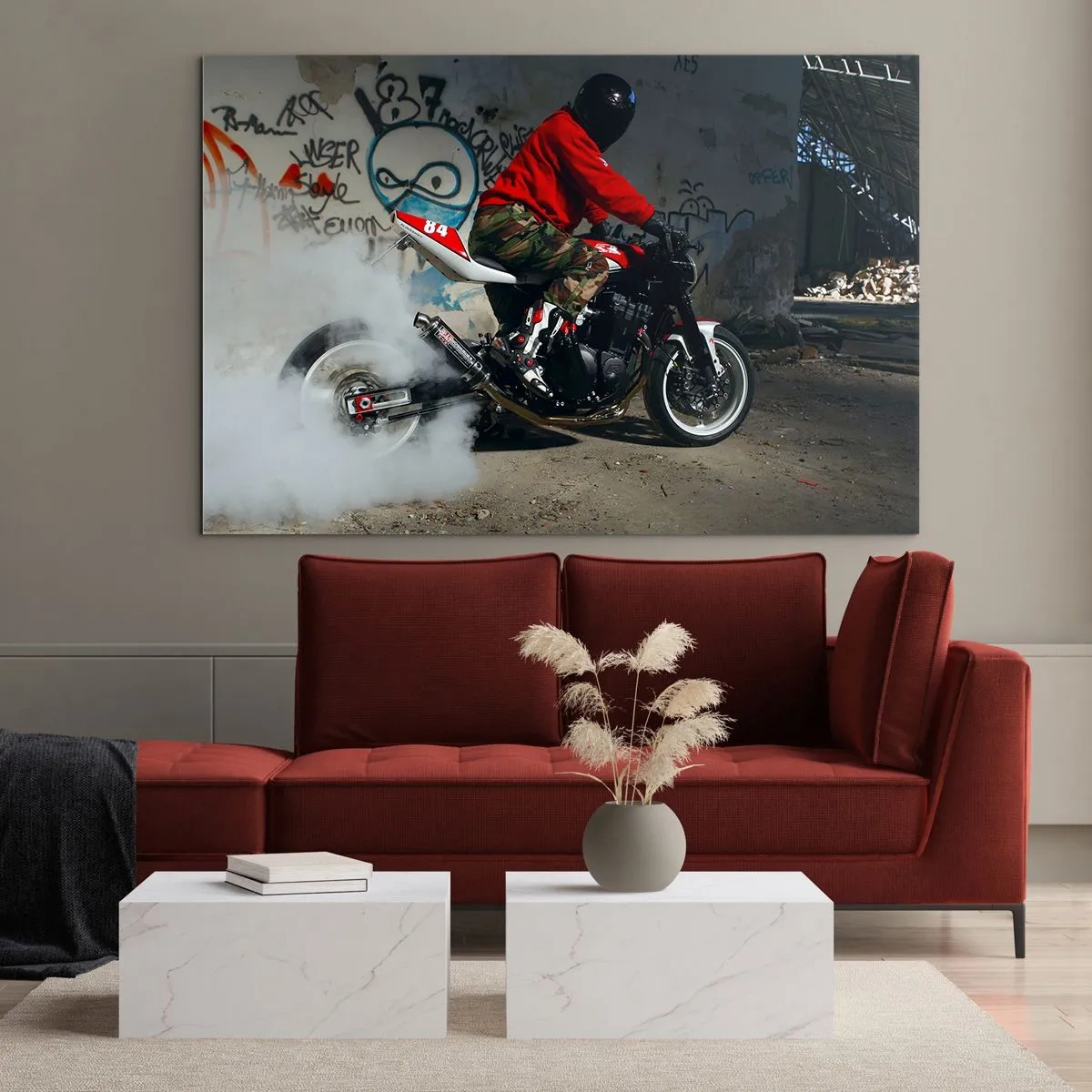 Glass picture - Motorcyclist in action in an industrial setting - 70x50cm - Catch Me! - Modern wall decoration for the living room and bedroom ARTTOR