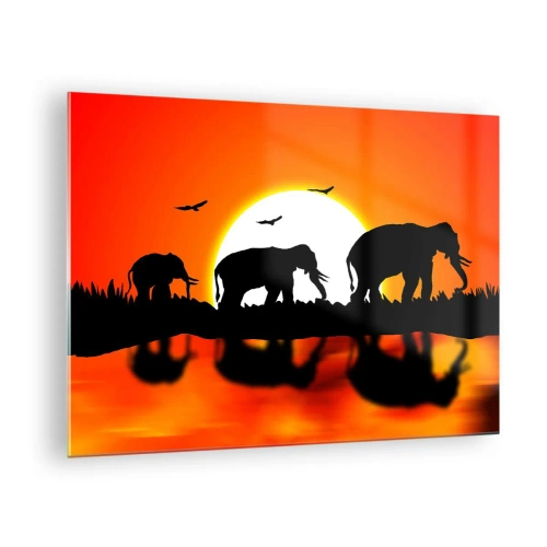 Glass picture - Silhouettes of elephants against the setting sun - 70x50cm - And in the Evening for a Small Drink - Modern wall decoration for the living room and bedroom ARTTOR