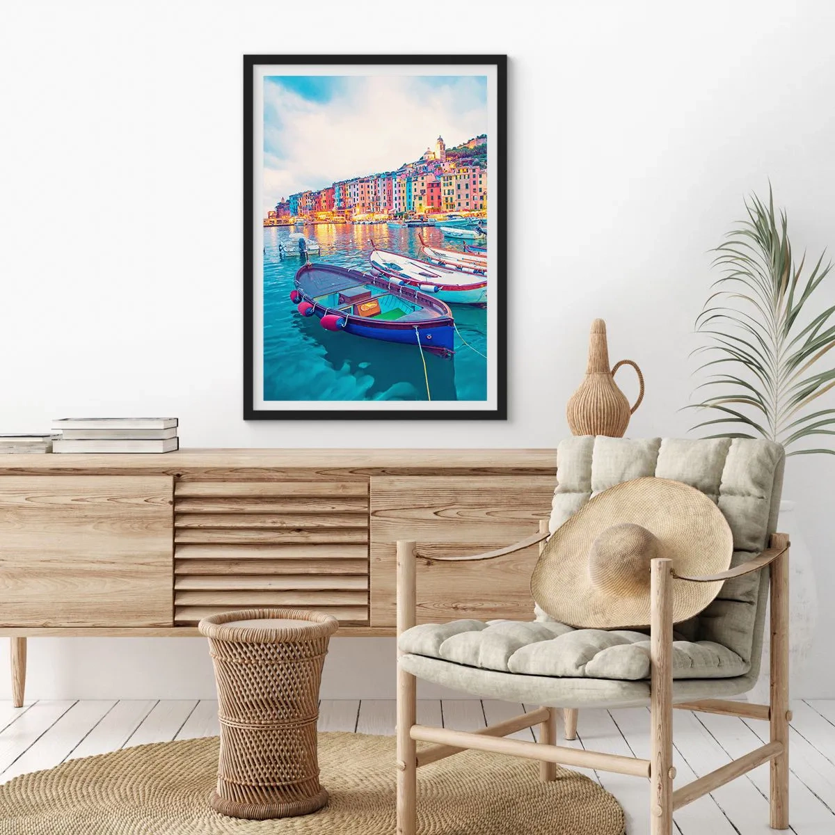 Poster in black frame - Colourful Evening in a Port - 61x91 cm