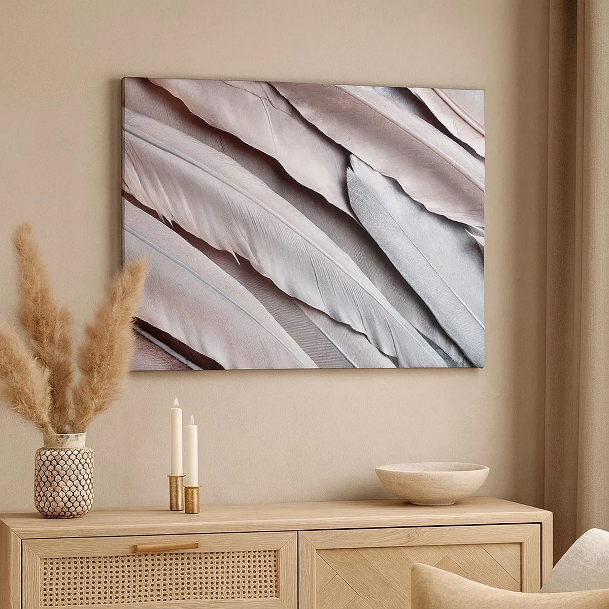 Canvas picture - Delicate feathers in subtle shades of gray and beige - 70x50cm - In Pink Silverness - Modern wall decoration for the living room and bedroom ARTTOR