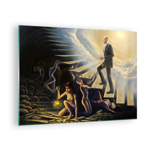 Glass picture - Symbolic stairs to the light with surrealist figures - 70x50cm - A Dantesque Journey towards the Light - Modern wall decoration for the living room and bedroom ARTTOR