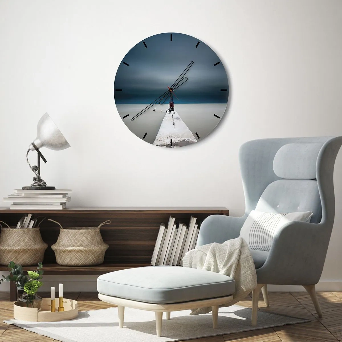 Wall clock - Clock on glass - A minimalist bridge leading to the lighthouse against the sea - 30x30cm - Encounter with Infinity - Modern wall decoration for the living room, kitchen, and bedroom ARTTOR