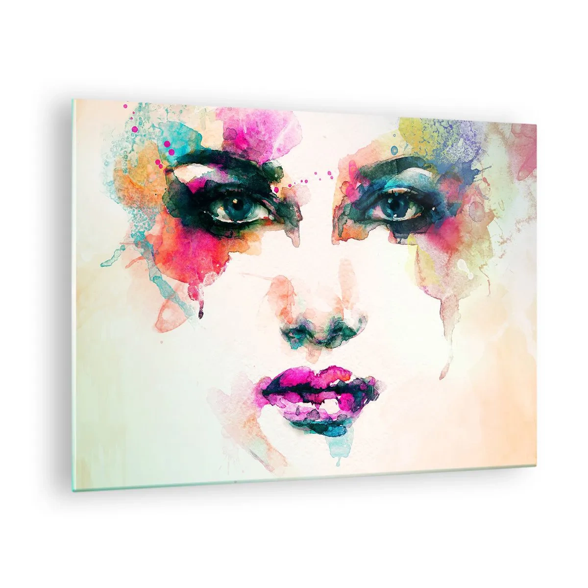 Glass picture - Portrait of a woman in watercolor colors and details - 70x50cm - Portrait Painted by a Rainbow - Modern wall decoration for the living room and bedroom ARTTOR