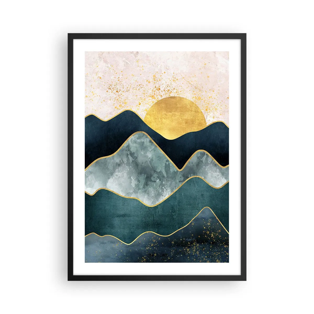 Poster in black frame - Abstract mountains and golden sun in the background - 50x70cm - Behing Seven Mountains - Modern wall decoration for the living room and bedroom ARTTOR