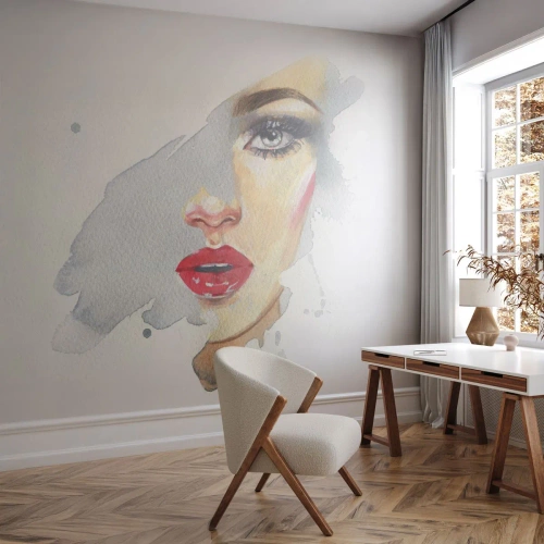 Photo Wallpaper Premium Sand - Reflection in a Waterdrop - Woman's Face, Woman, Red lips - 100x70 cm