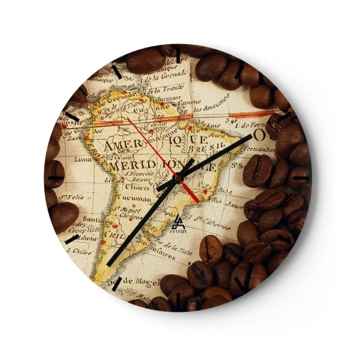 Wall clock - Clock on glass - Map of South America with coffee beans - 30x30cm - Where Does the Best Coffee Come from? - Modern wall decoration for the living room, kitchen, and bedroom ARTTOR