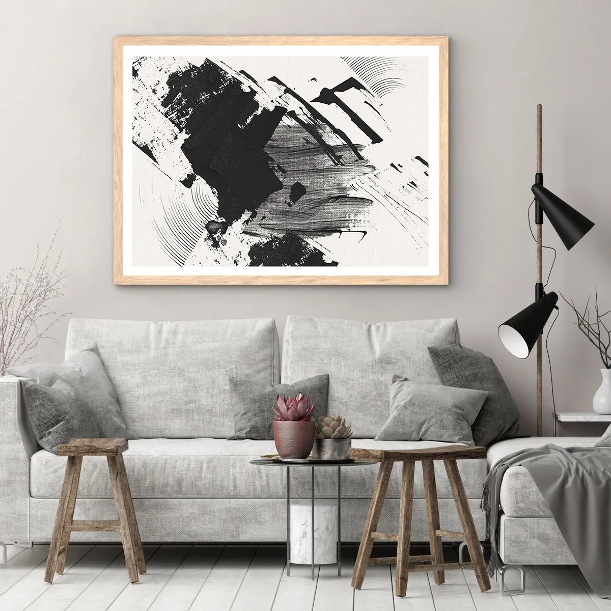 Poster in light oak frame - Abstract - Expression of Black - 100x70 cm