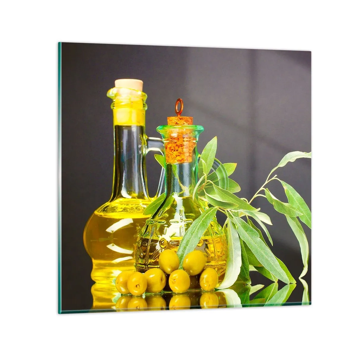 Glass picture - Still Life with Olives and Olive Oil - 60x60 cm