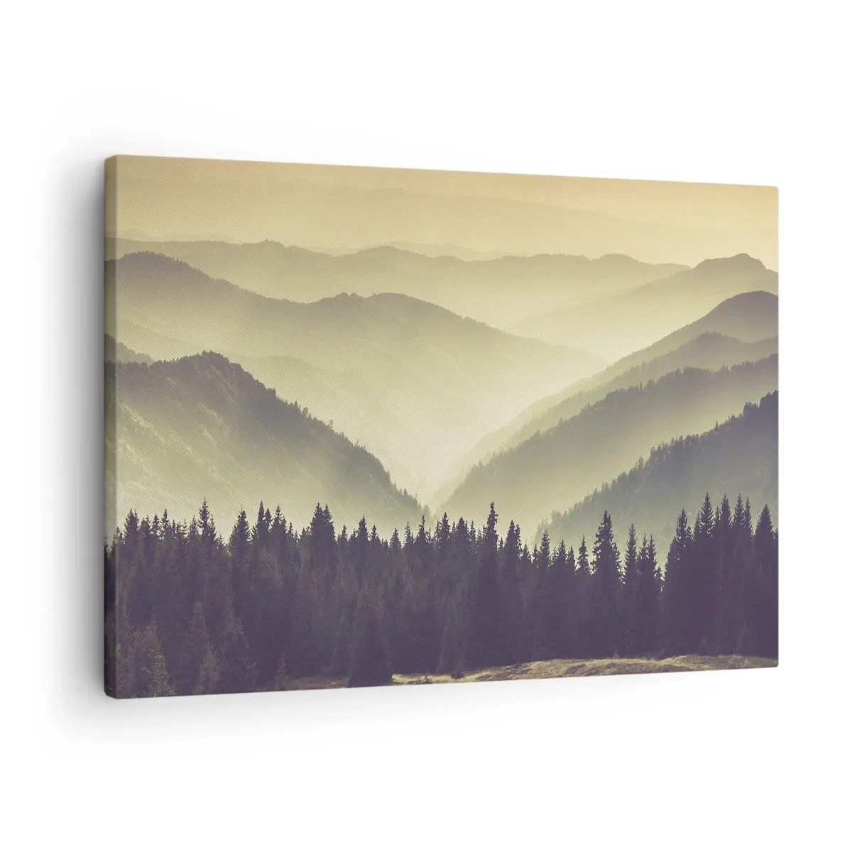 Canvas picture - Picturesque mountain ranges shrouded in mist in warm light - 70x50cm - In a Faraway Land, Past the Mountains - Modern wall decoration for the living room and bedroom ARTTOR