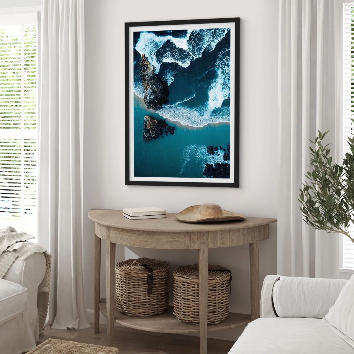 Poster in black frame - View of ocean waves crashing against the rocks - 50x70cm - Envelopped by Waves - Modern wall decoration for the living room and bedroom ARTTOR