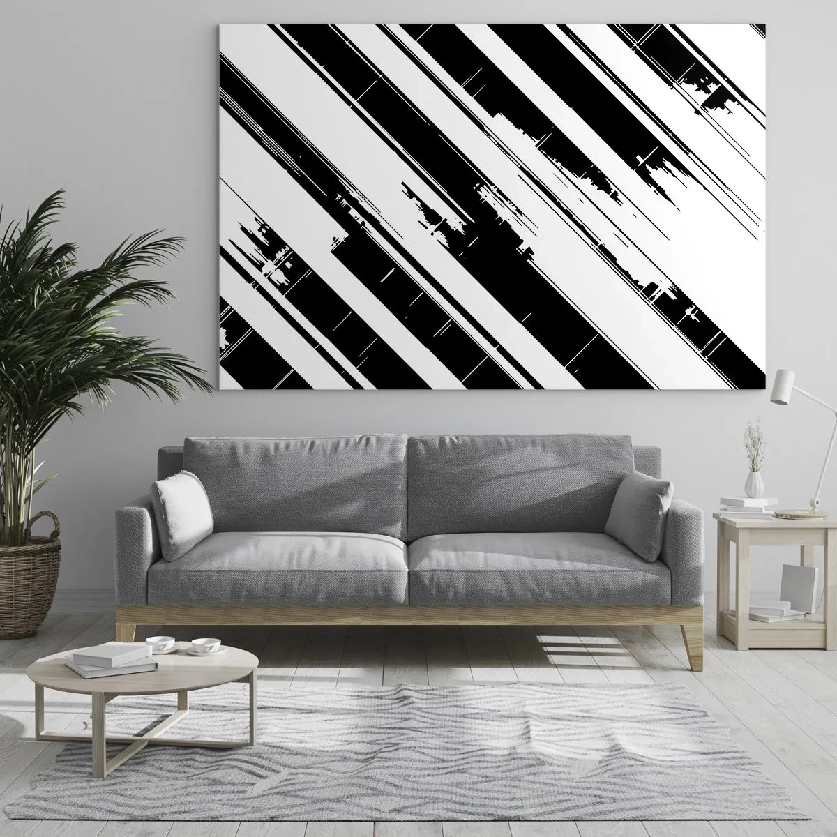 Glass picture - Dynamic black and white stripes with a distressed effect - 70x50cm - Intensive and Dynamic Composition - Modern wall decoration for the living room and bedroom ARTTOR